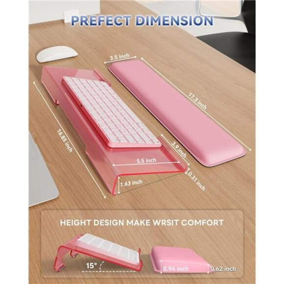 Pink ergonomic keyboard stand with memory foam wrist rest acrylic desktop holder - Picture 2 of 7